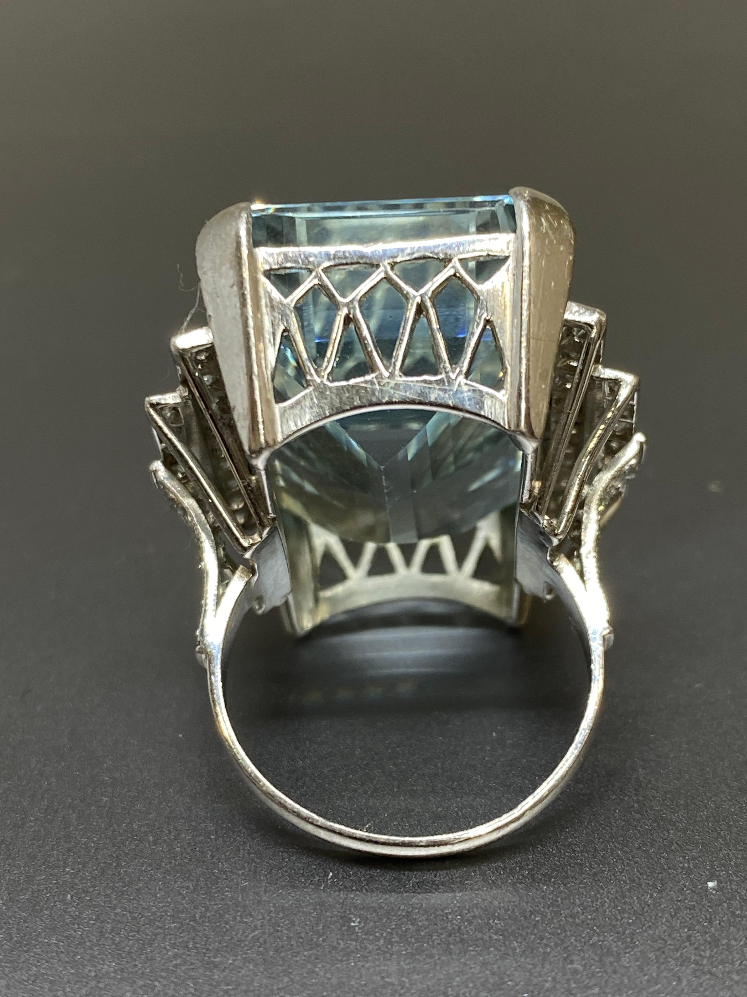 Estate 38.72ct  Natural Blue Emerald Cut Aquamarine & Diamond Platinum Ring For Sale 7