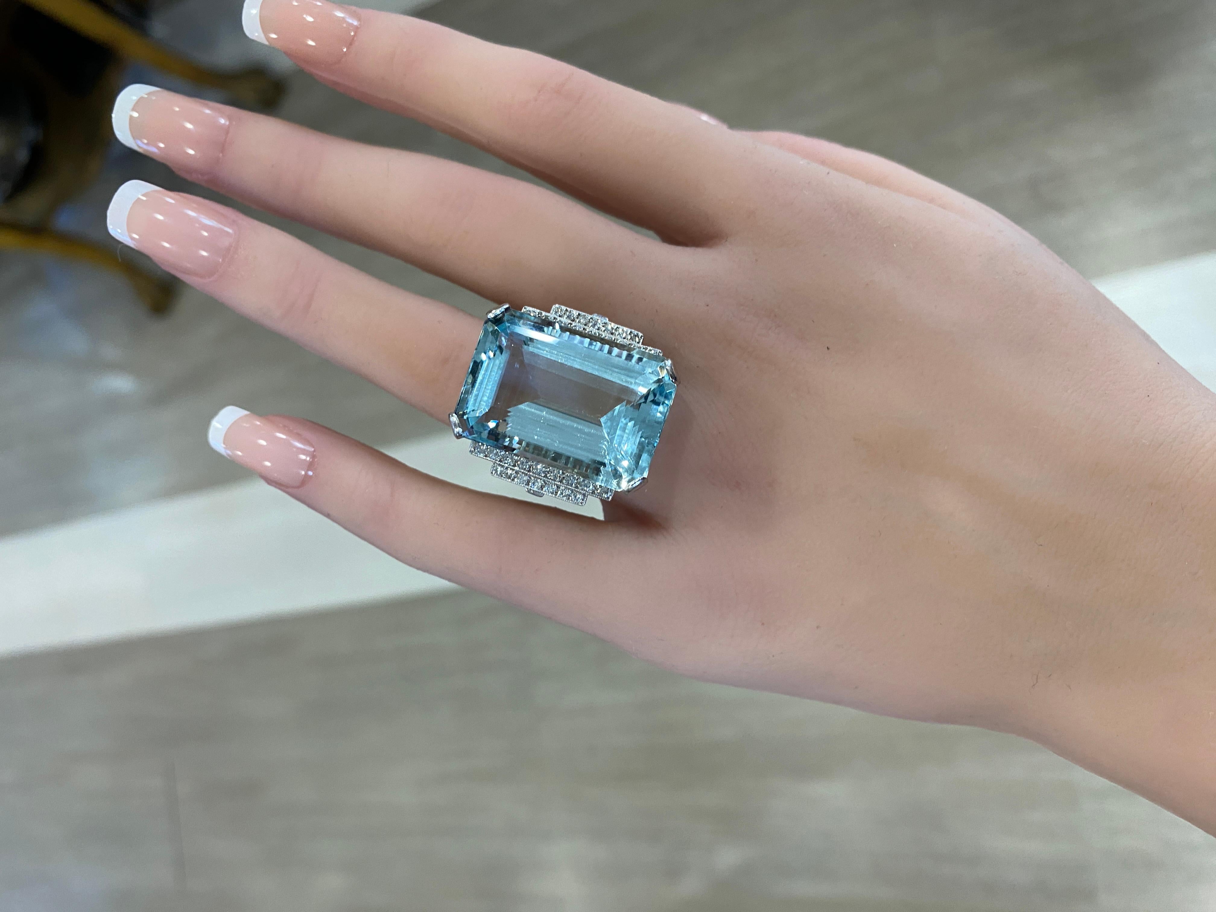 Estate 38.72ct  Natural Blue Emerald Cut Aquamarine & Diamond Platinum Ring For Sale 9