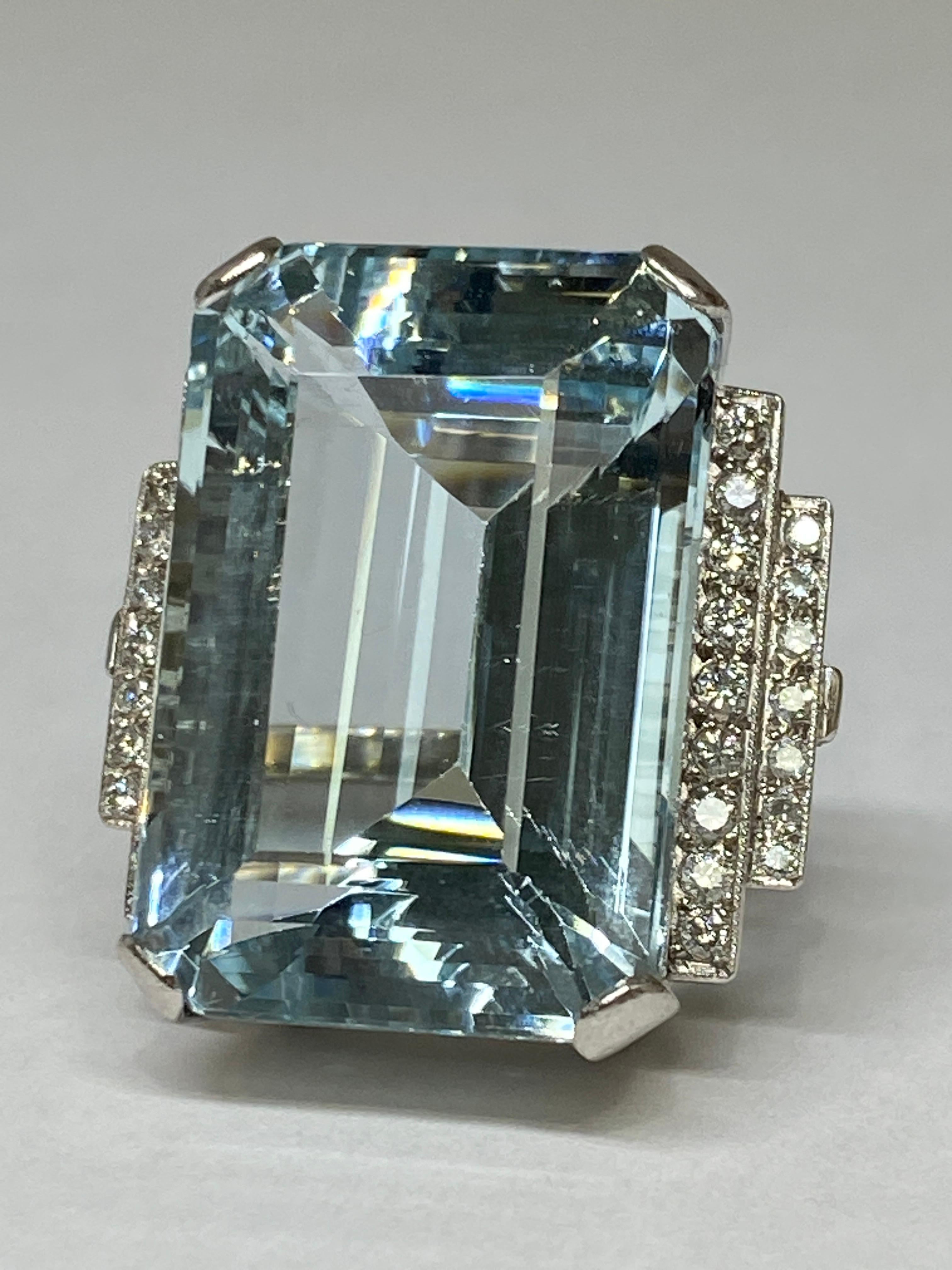 Contemporary Estate 38.72ct  Natural Blue Emerald Cut Aquamarine & Diamond Platinum Ring For Sale