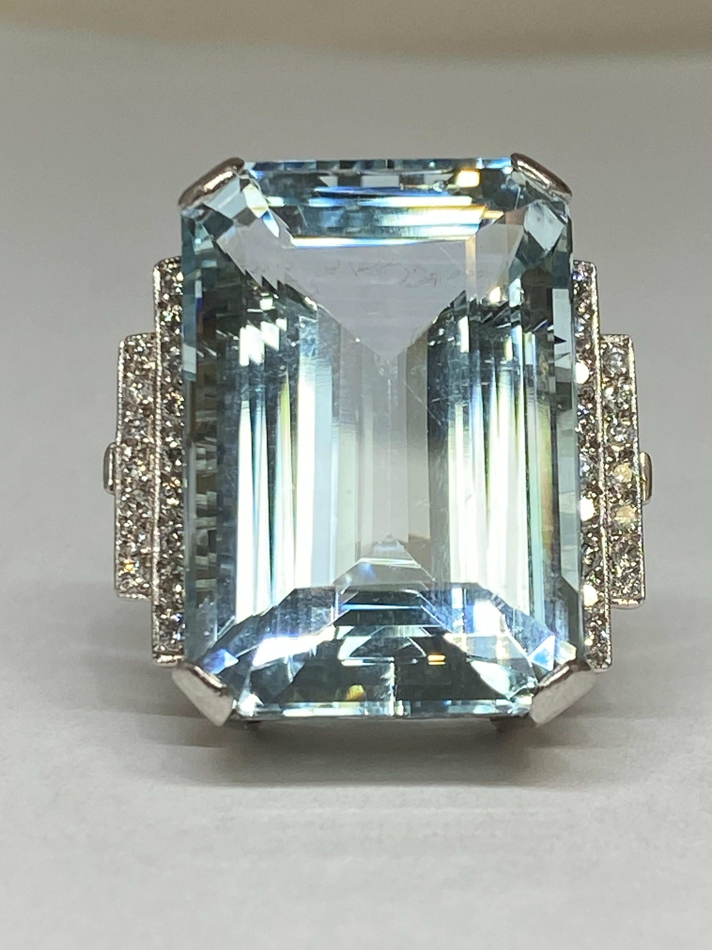 Women's Estate 38.72ct  Natural Blue Emerald Cut Aquamarine & Diamond Platinum Ring For Sale