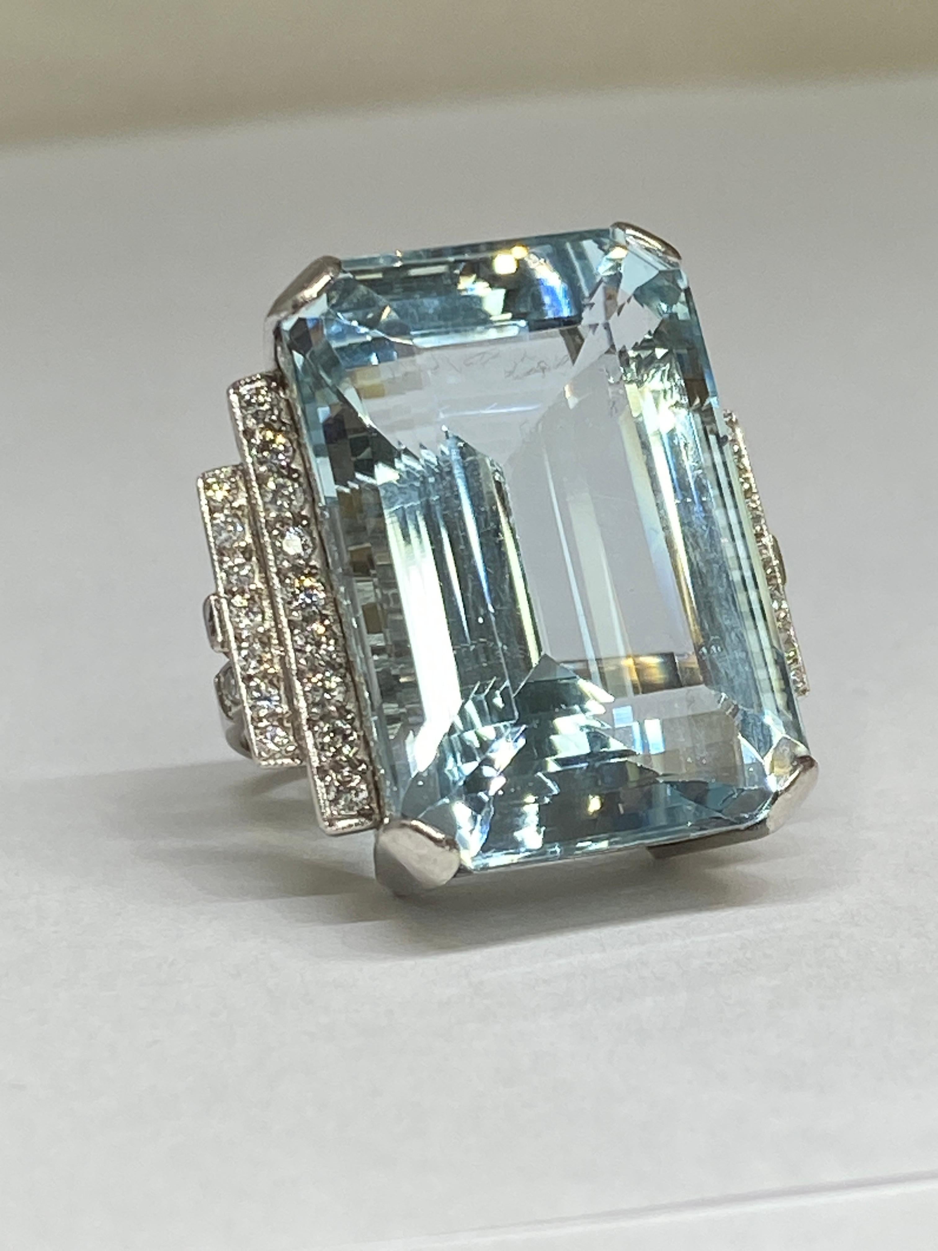 Estate 38.72ct  Natural Blue Emerald Cut Aquamarine & Diamond Platinum Ring For Sale 1