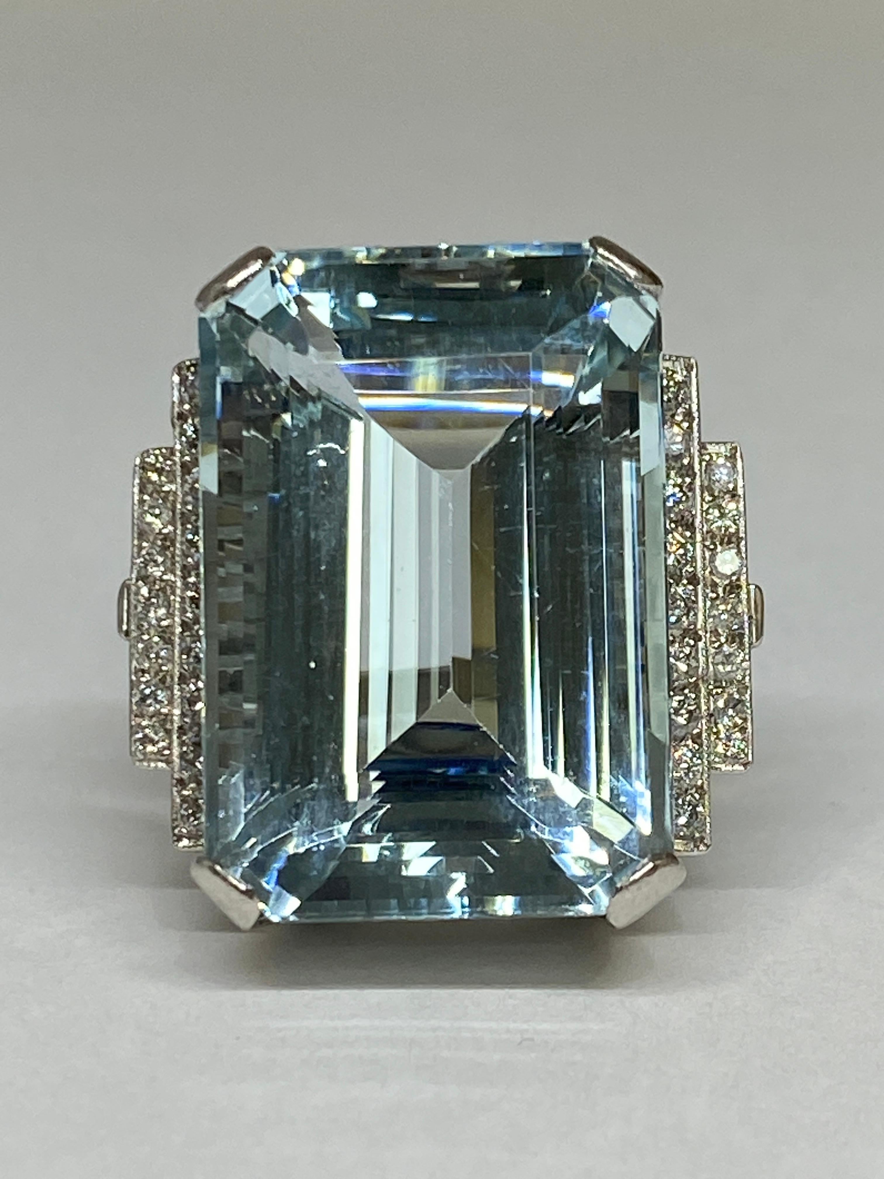 Estate 38.72ct  Natural Blue Emerald Cut Aquamarine & Diamond Platinum Ring For Sale 2