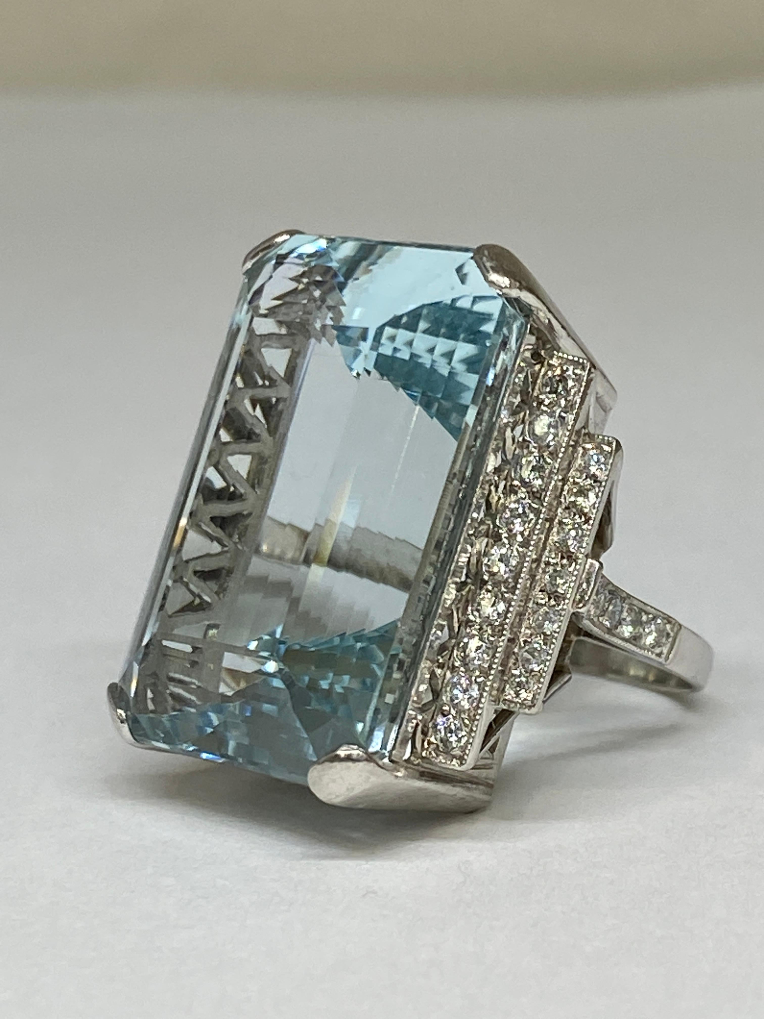 Estate 38.72ct  Natural Blue Emerald Cut Aquamarine & Diamond Platinum Ring For Sale 3