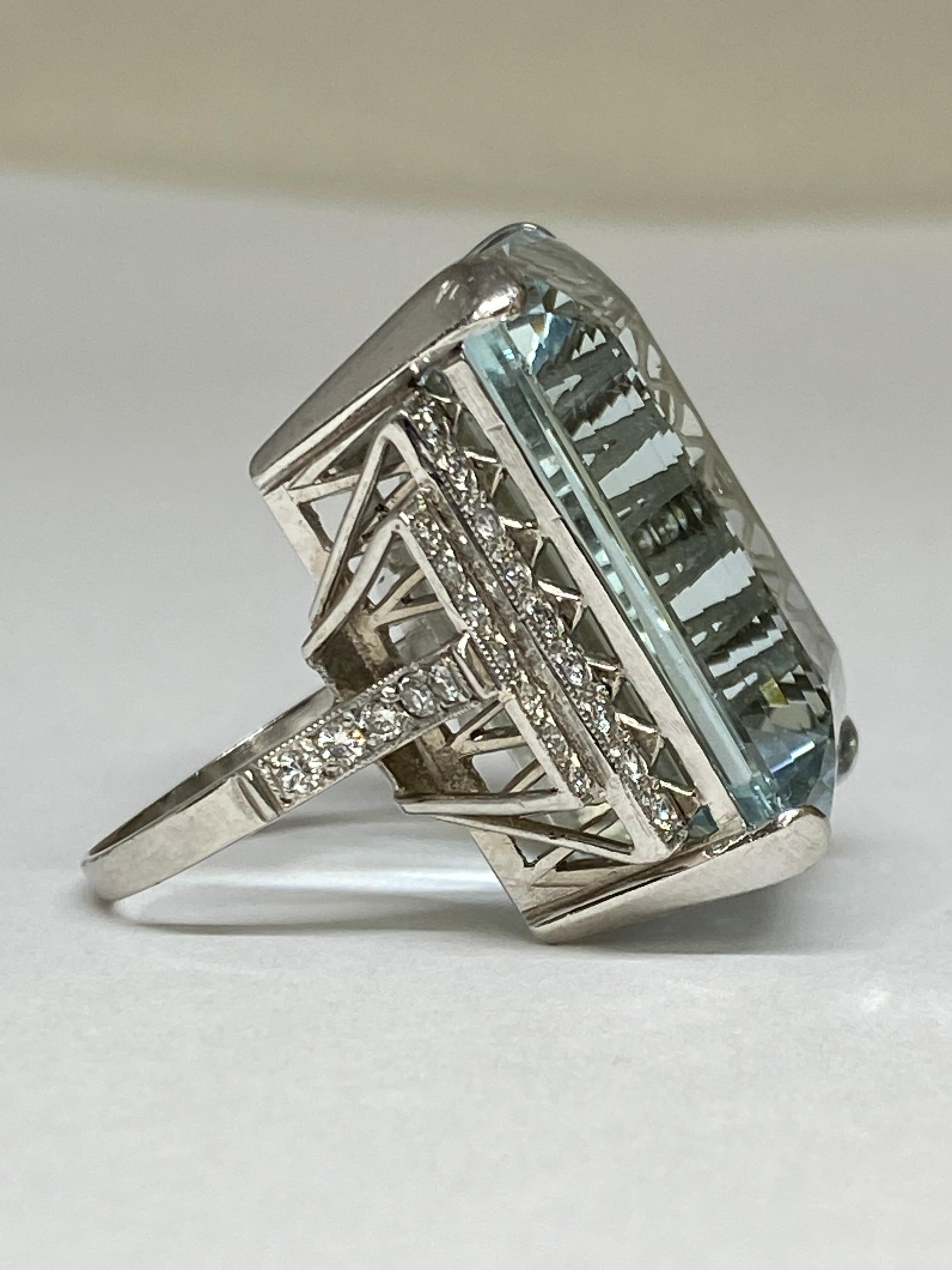 Estate 38.72ct  Natural Blue Emerald Cut Aquamarine & Diamond Platinum Ring For Sale 4