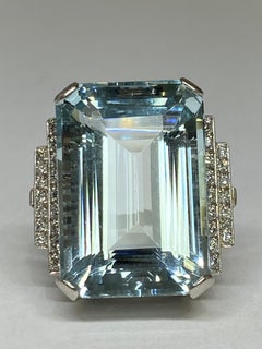 Retro Estate 38.72ct  Natural Blue Emerald Cut Aquamarine & Diamond Platinum Ring