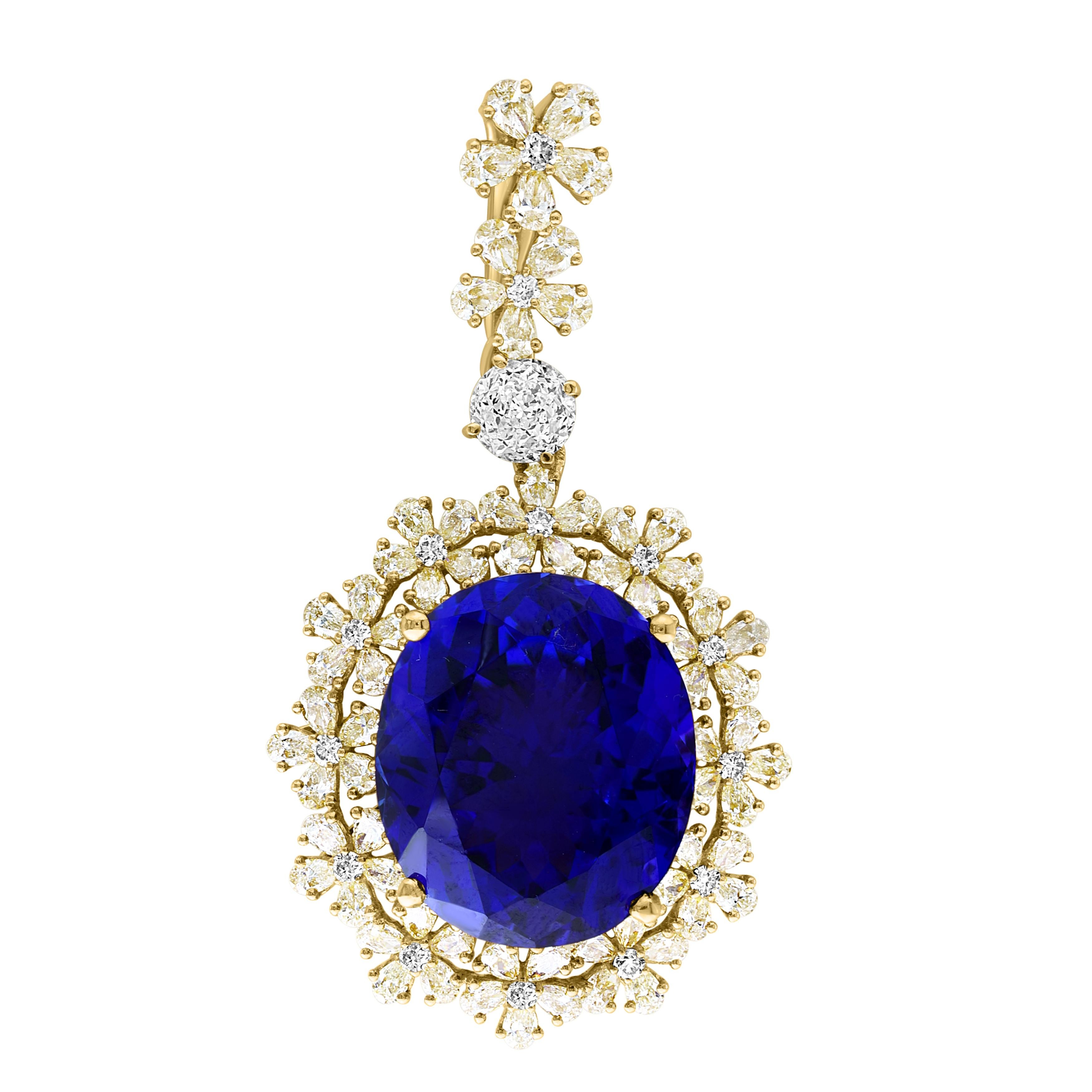 This extraordinary, 39.06 carat tanzanite is truly an extraordinary gemstone. There are  total  of 7 carats of shimmering white diamonds, this brilliant Oval-cut gem exhibits the rich violetish-blue color for which these stones are known and so