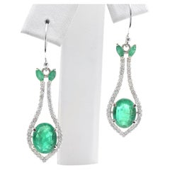 Estate 4.20 Carats Natural Emerald and Diamond 14K Solid White Gold Earrings