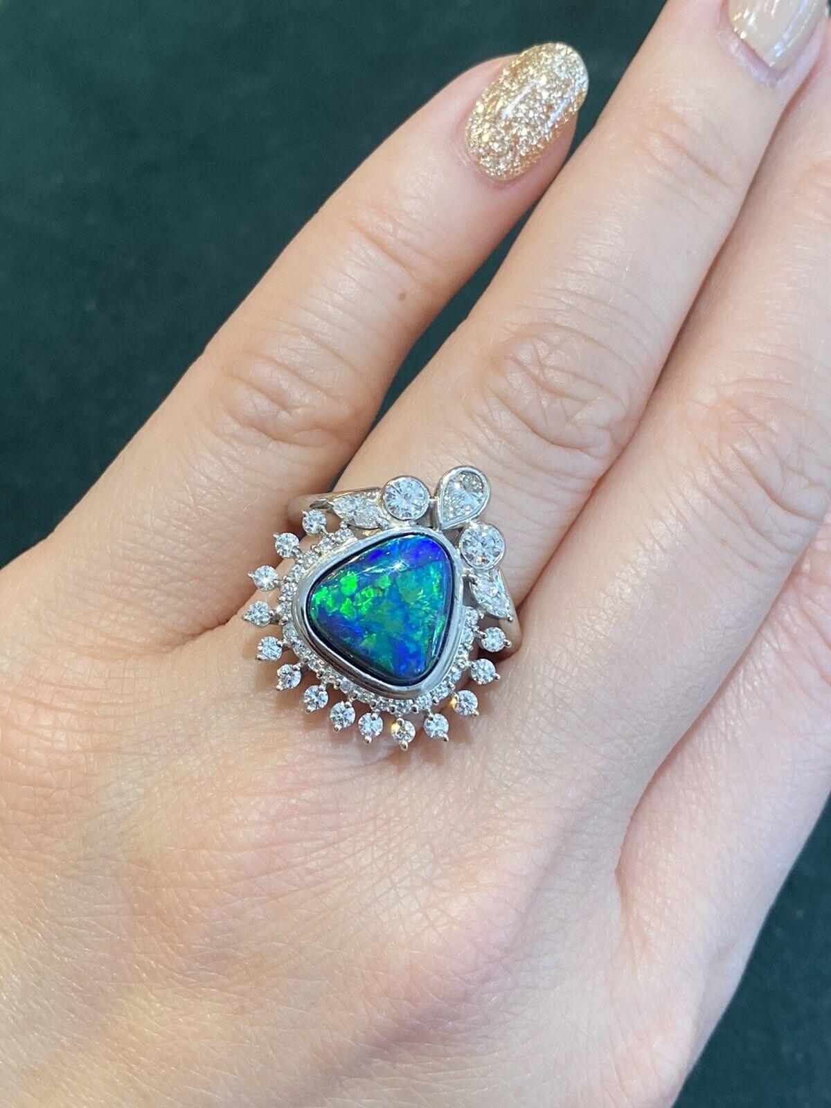 Round Cut Estate 4.23 Carats Black Opal and Diamond Cocktail Ring in Platinum For Sale