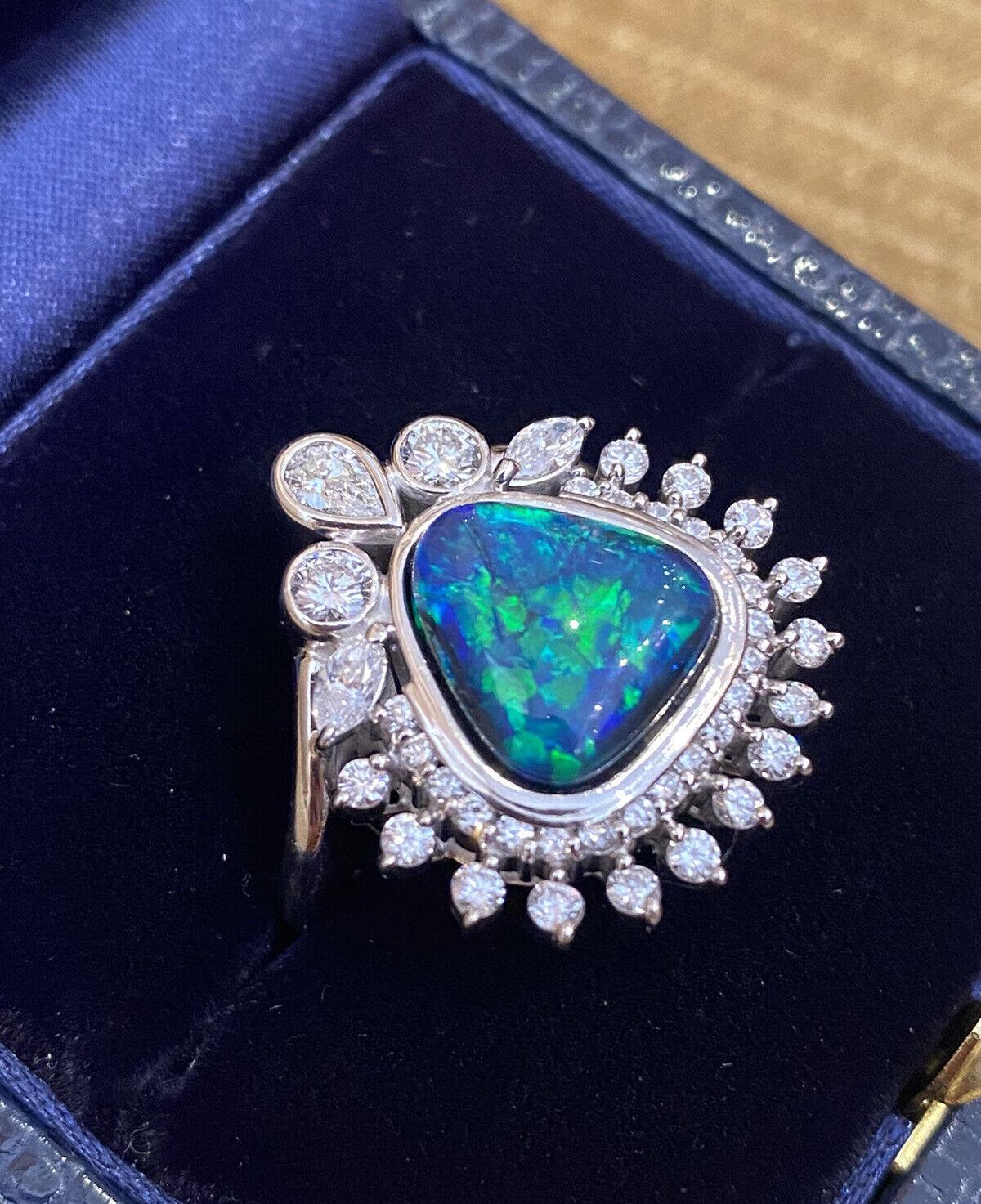 Estate 4.23 Carats Black Opal and Diamond Cocktail Ring in Platinum In Excellent Condition For Sale In La Jolla, CA