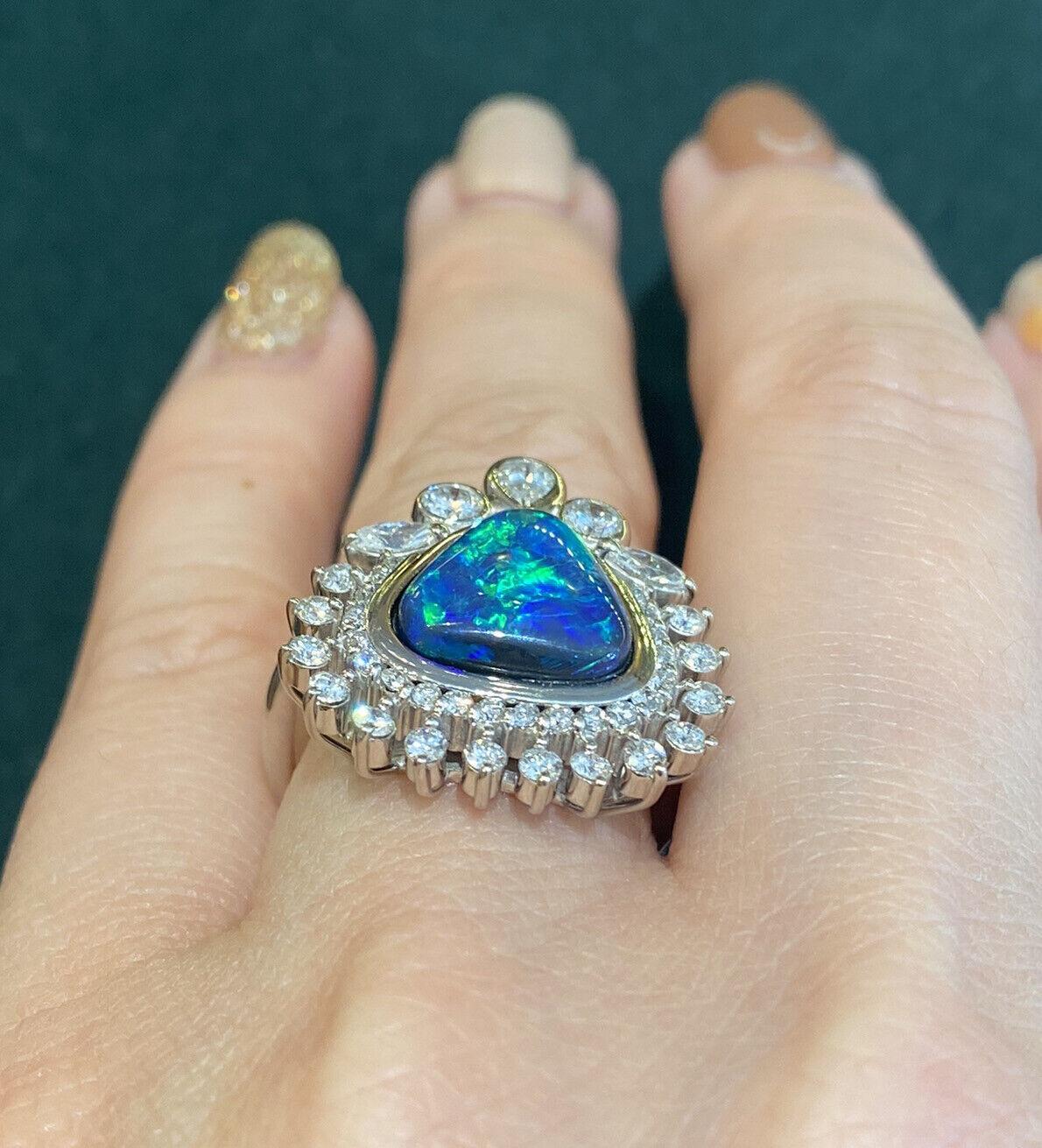 Estate 4.23 Carats Black Opal and Diamond Cocktail Ring in Platinum For Sale 1