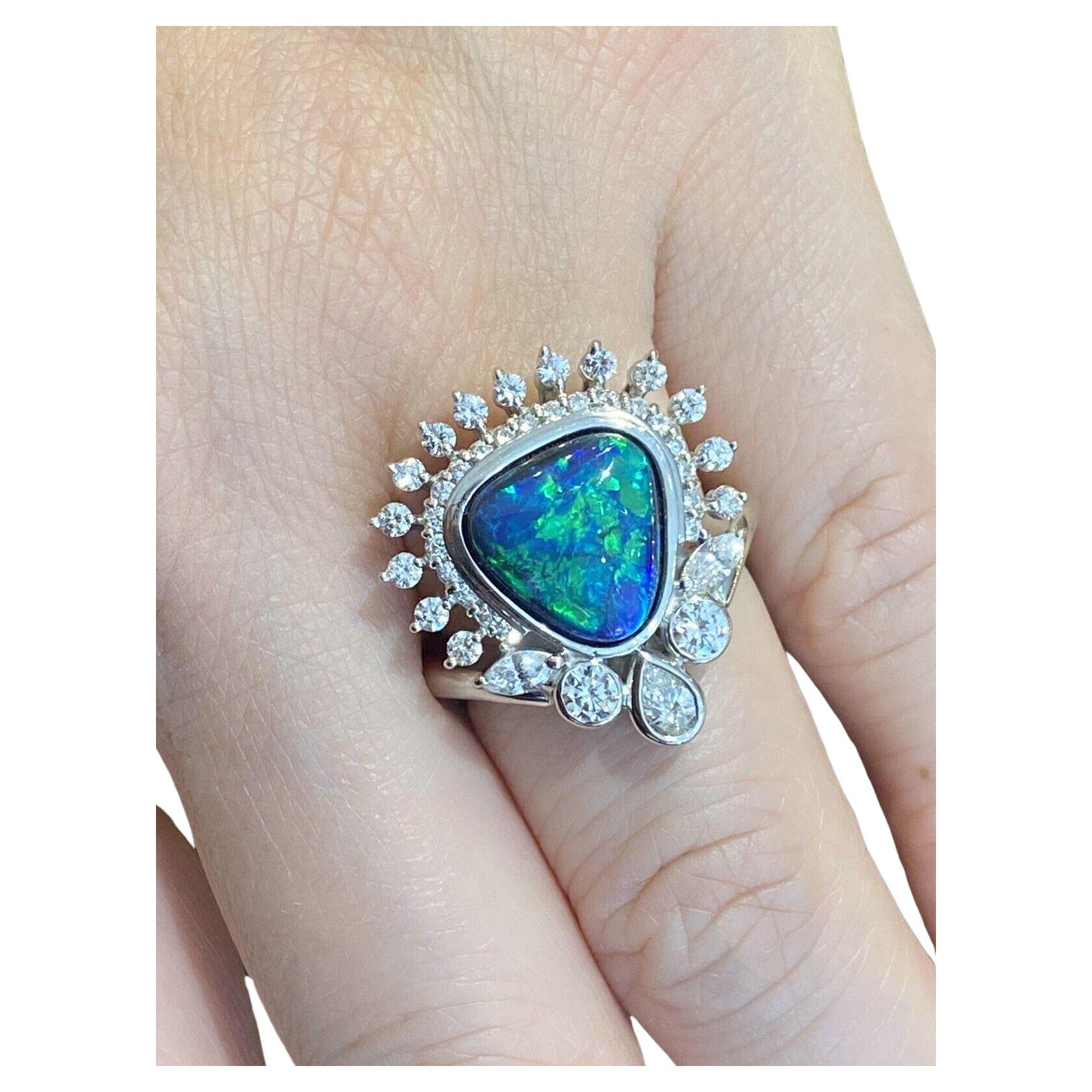 Estate 4.23 Carats Black Opal and Diamond Cocktail Ring in Platinum For Sale