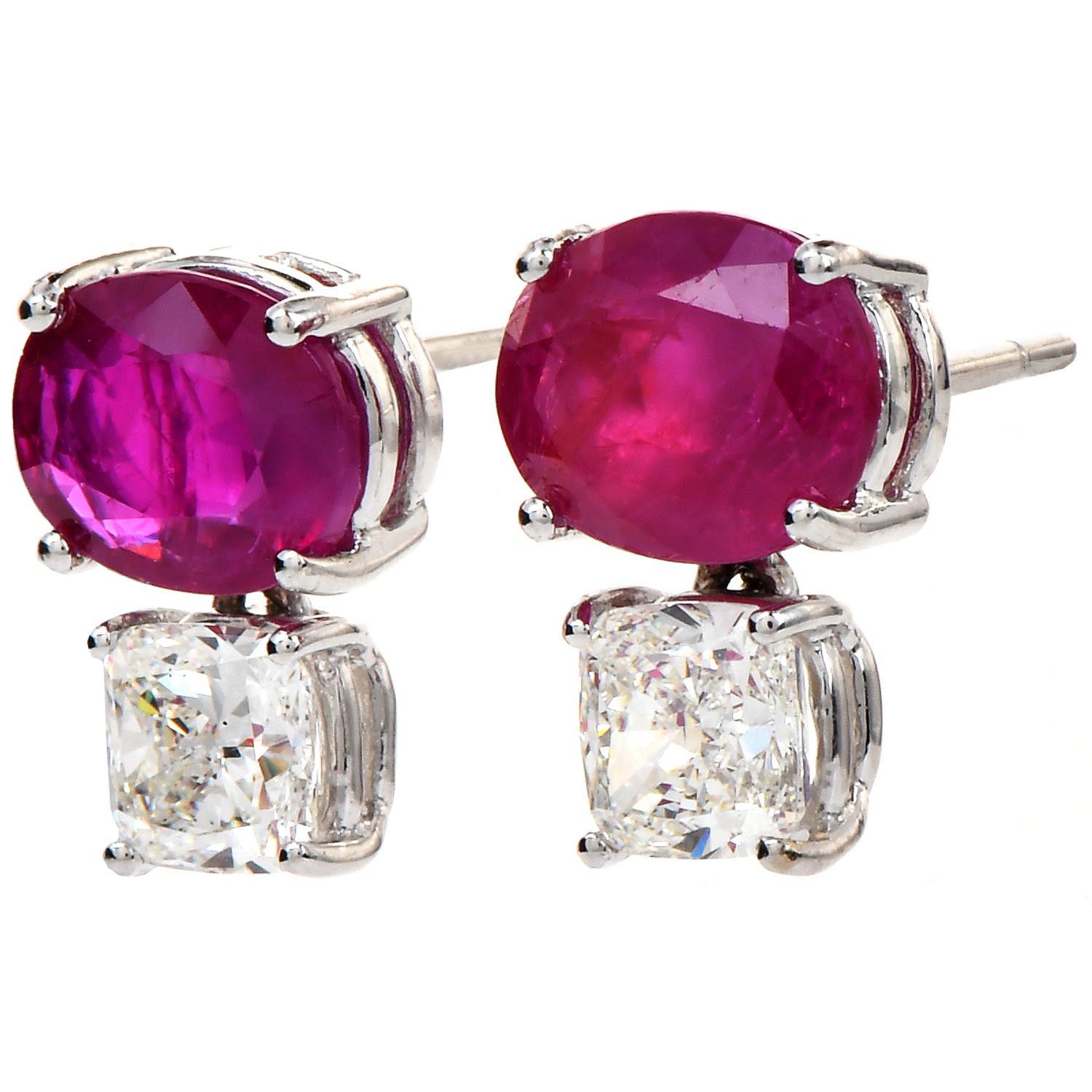 Oval Cut GIA Burma No-Heat 4.30cts Red Ruby Diamond 18K White Gold Classic Stud Earrings For Sale