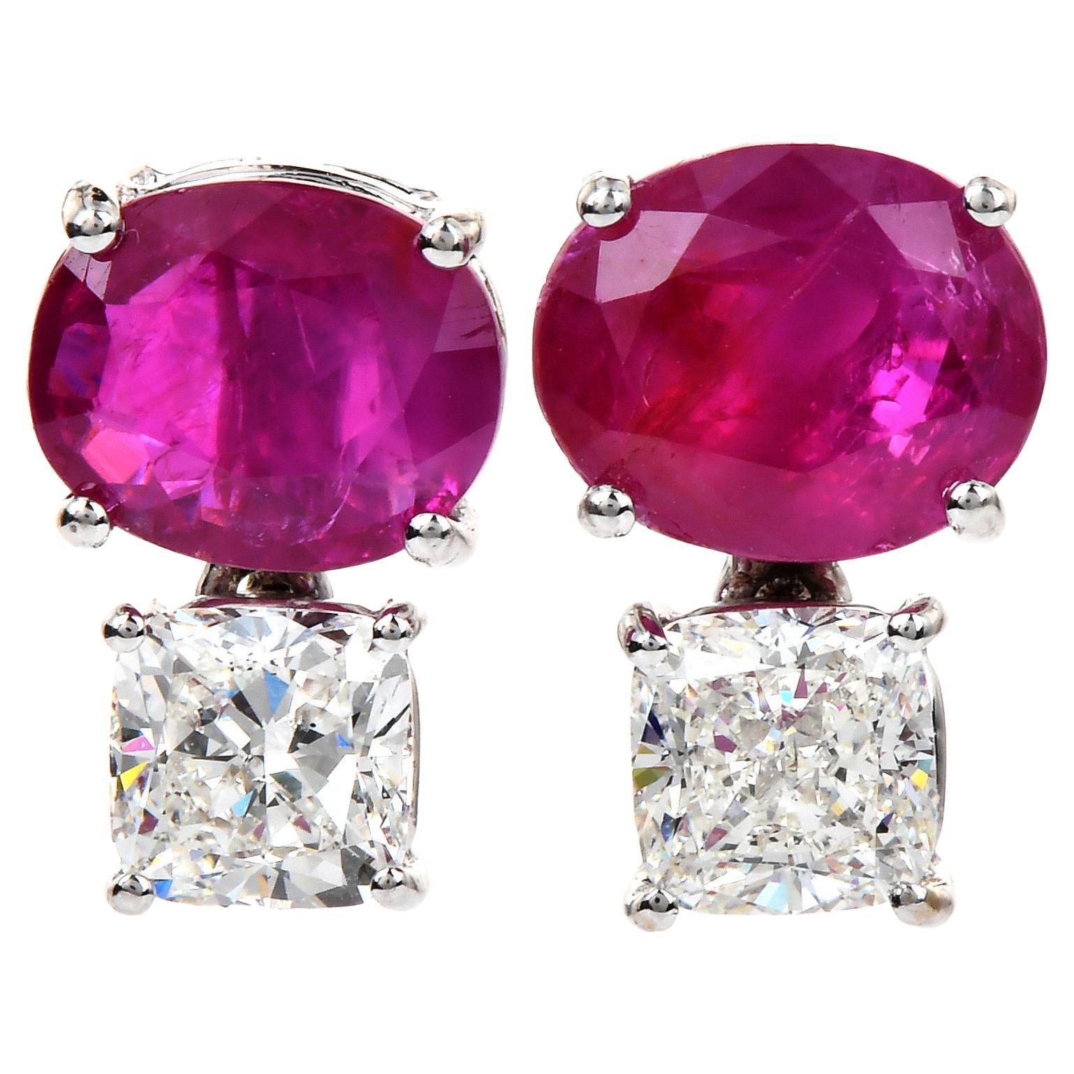 GIA Burma No-Heat 4.30cts Red Ruby Diamond 18K White Gold Classic Stud Earrings For Sale