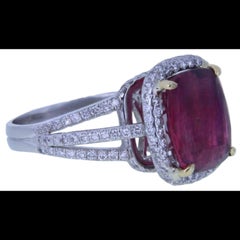 Estate 4.68 Carat Rhodolite Tourmaline and Diamond Ring in 18K Gold, Cushion Cut