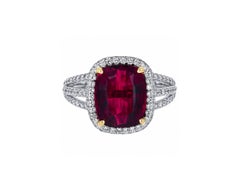Estate 4.68 Carat Rhodolite Tourmaline and Diamond Ring in 18K Gold, Cushion Cut