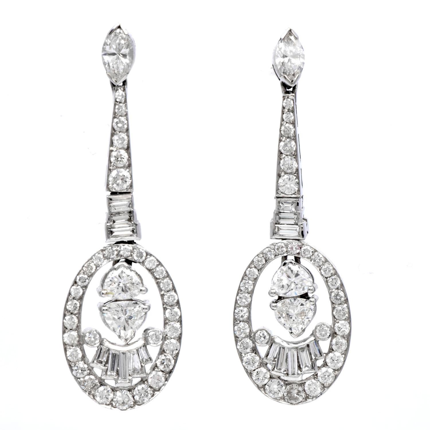Modern Estate 4.70cts Diamond 18K White Gold Oval Dangle Drop Earrings For Sale