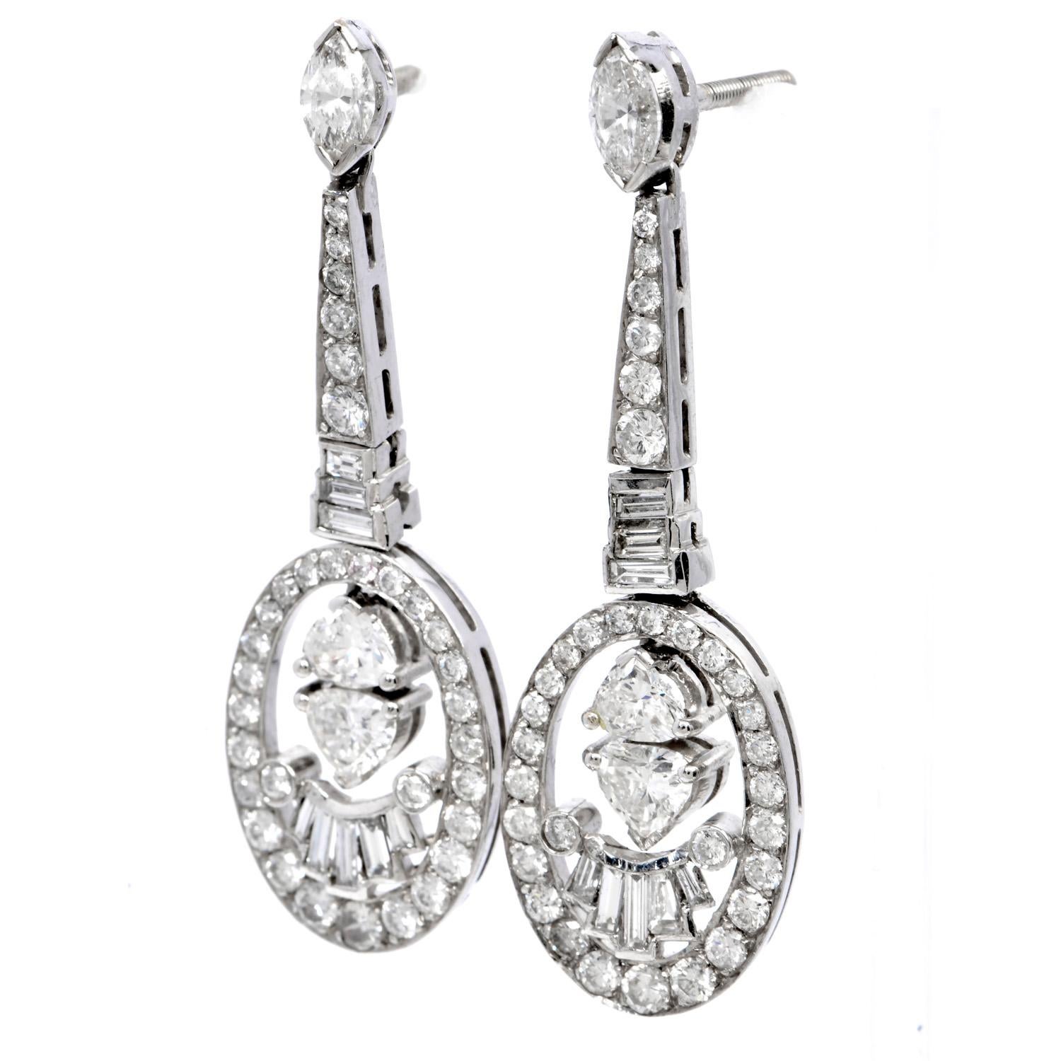 Round Cut Estate 4.70cts Diamond 18K White Gold Oval Dangle Drop Earrings For Sale