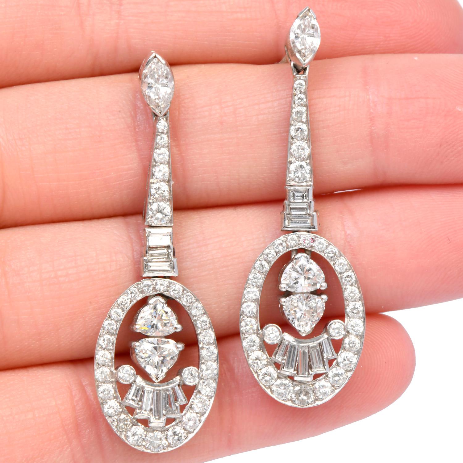 Estate 4.70cts Diamond 18K White Gold Oval Dangle Drop Earrings In Excellent Condition For Sale In Miami, FL