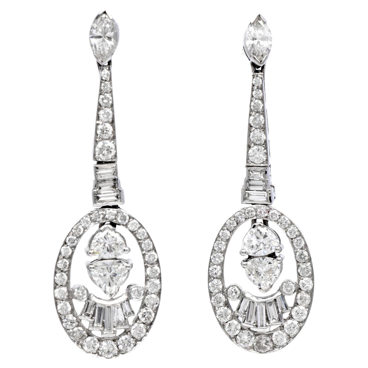 Estate 4.70cts Diamond 18K White Gold Oval Dangle Drop Earrings For Sale