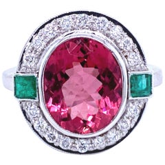 Estate 5 Carat Rubellite Red Tourmaline Emerald Diamond Gold Ring