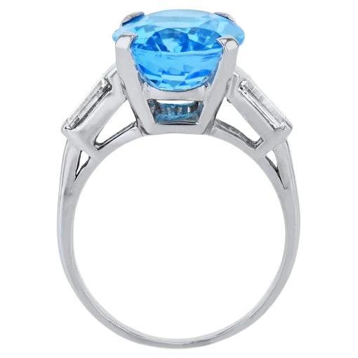Estate 5.25 Carat Oval Swiss Blue Topaz Diamond Platinum Ring For Sale