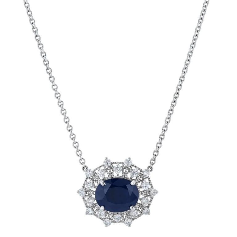 This charming estate necklace is exquisitely crafted with a stunning oval 6 carat blue sapphire that measures 13.02mm x 10.30 mm x 5.98 mm and diamond pave in 14 karat white gold. 

Treat yourself to a timeless piece of luxury today!

-Oval Sapphire