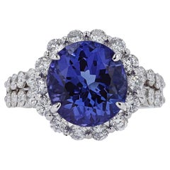 Estate 6.15 Carat Round Tanzanite And Diamond Cocktail Ring