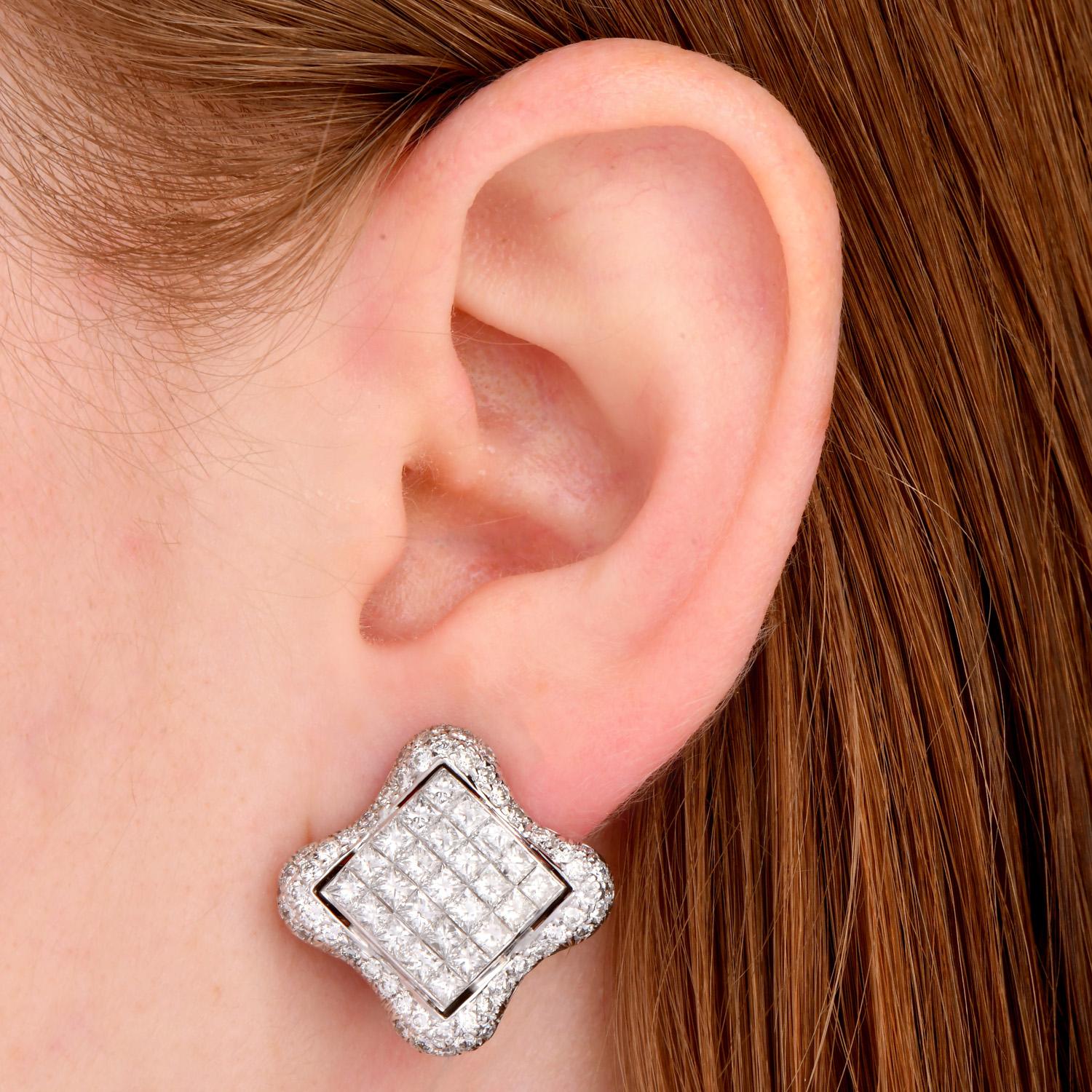 Princess Cut Estate 6.28cttw Diamond 18K Quatrefoil Statement Earrings For Sale