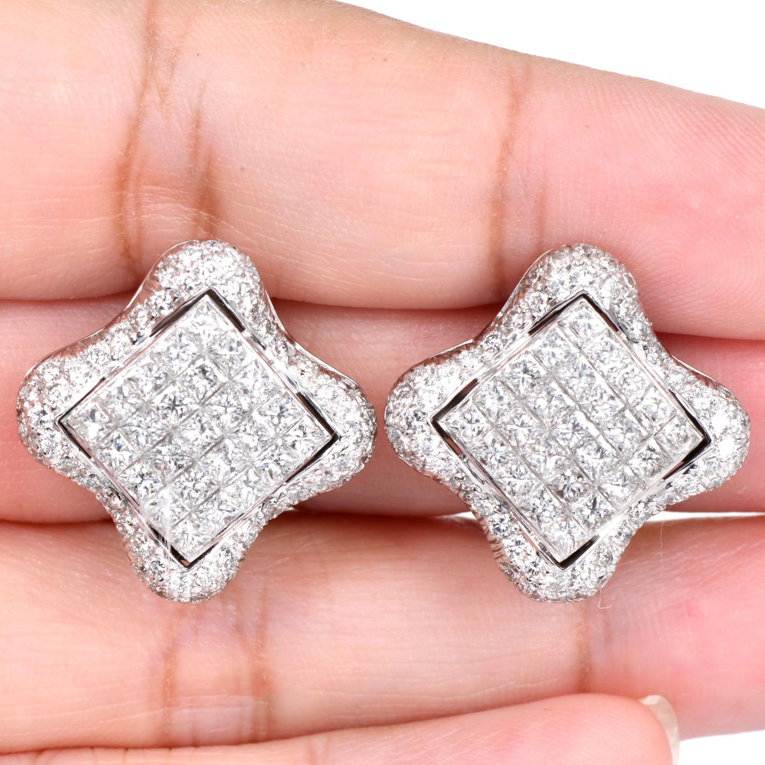 Estate 6.28cttw Diamond 18K Quatrefoil Statement Earrings For Sale 1