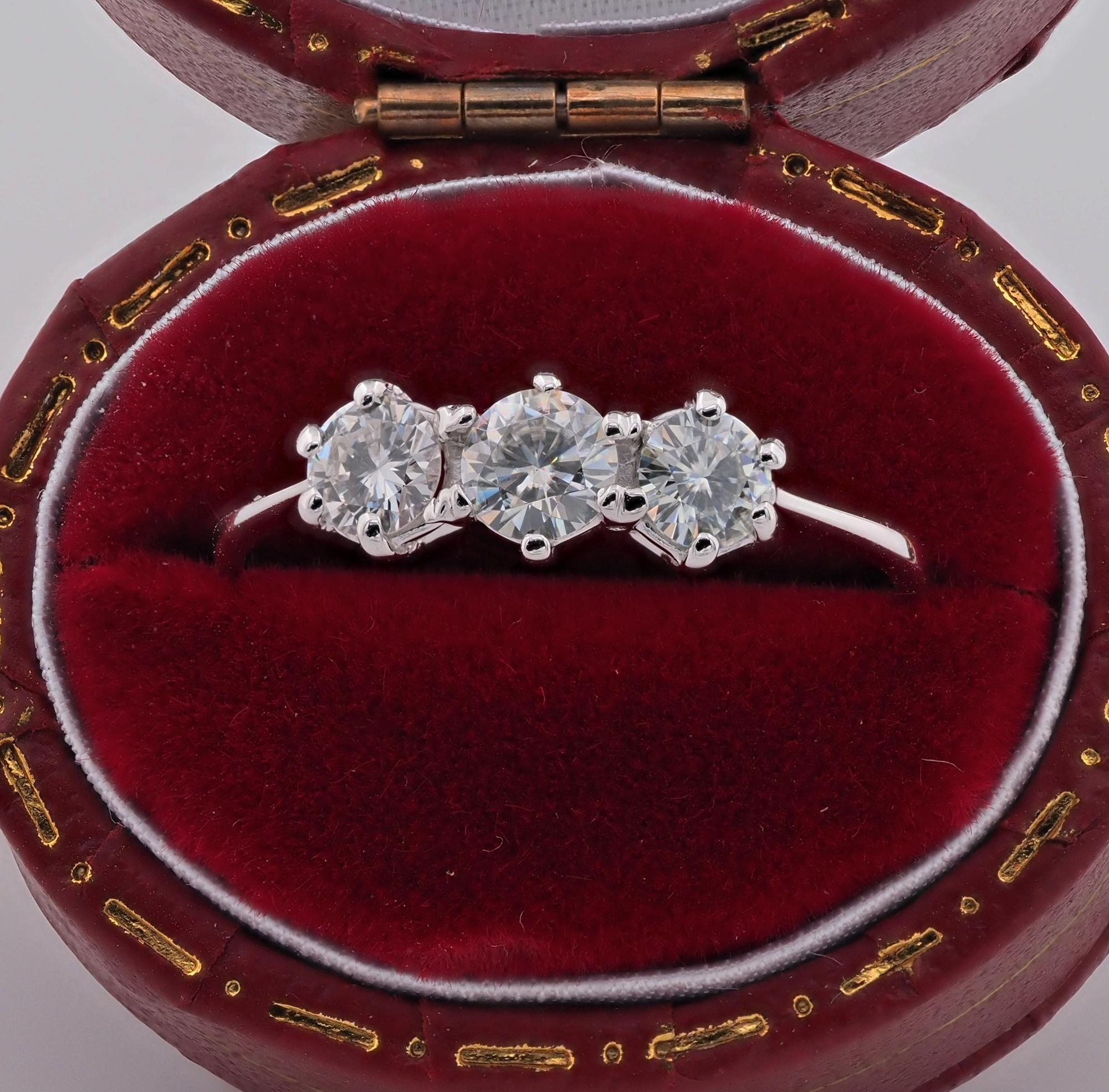 Trilogy composition for this gorgeously hand made with low profile Diamond setting 1940/1950 ca – ring is hand crafted of solid 18 KT gold, marked
Three stone Diamond stand for yesterday, today, tomorrow, meaningful love composition for engagement,