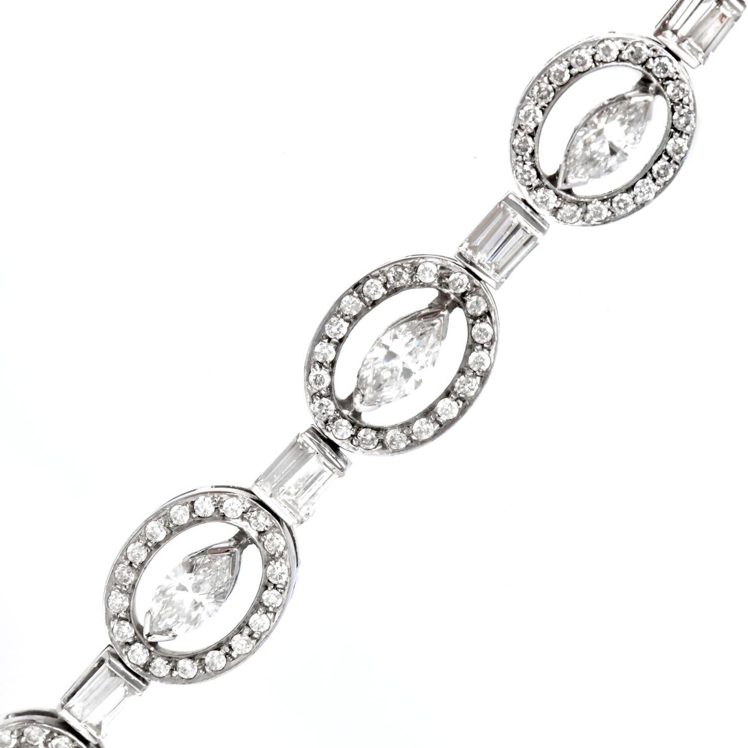 Marquise Cut Estate 6.70cts Diamond 18K White Gold Oval Style Link Bracelet For Sale