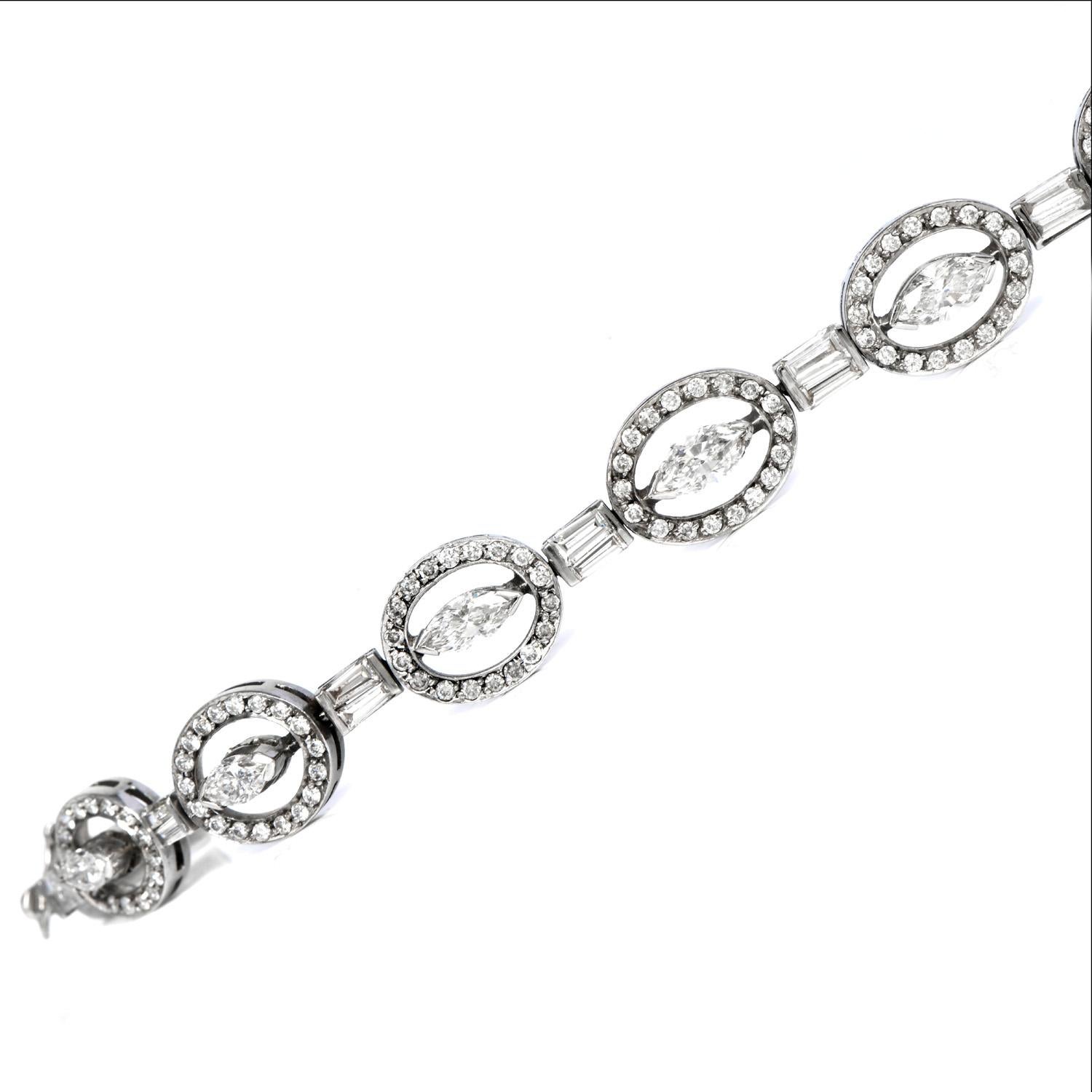 Estate 6.70cts Diamond 18K White Gold Oval Style Link Bracelet In Excellent Condition For Sale In Miami, FL