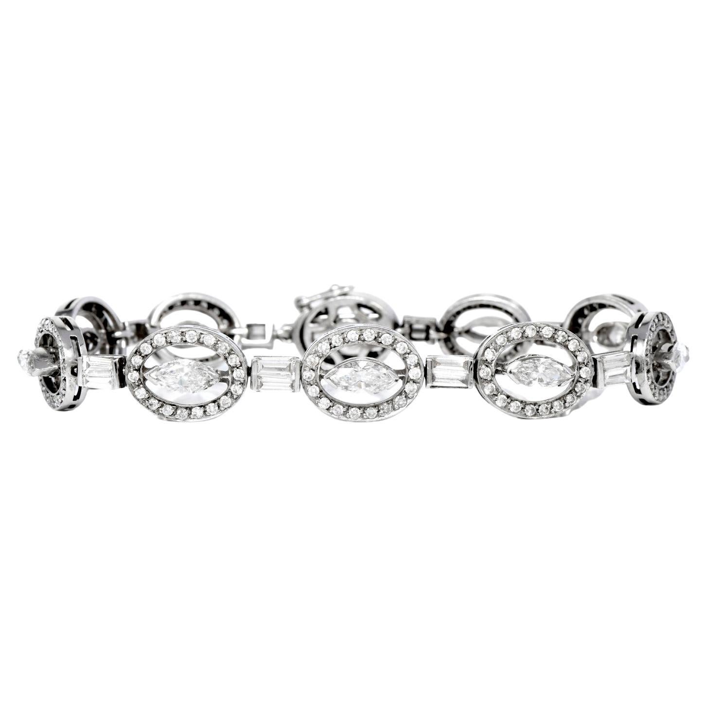 Estate 6.70cts Diamond 18K White Gold Oval Style Link Bracelet