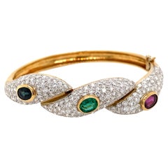 Estate 7 Carat Diamond Ruby Sapphire Emerald Bangle Bracelet