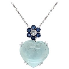Estate 7 Carat Heart Cut Aquamarine Diamond Pendant Necklace