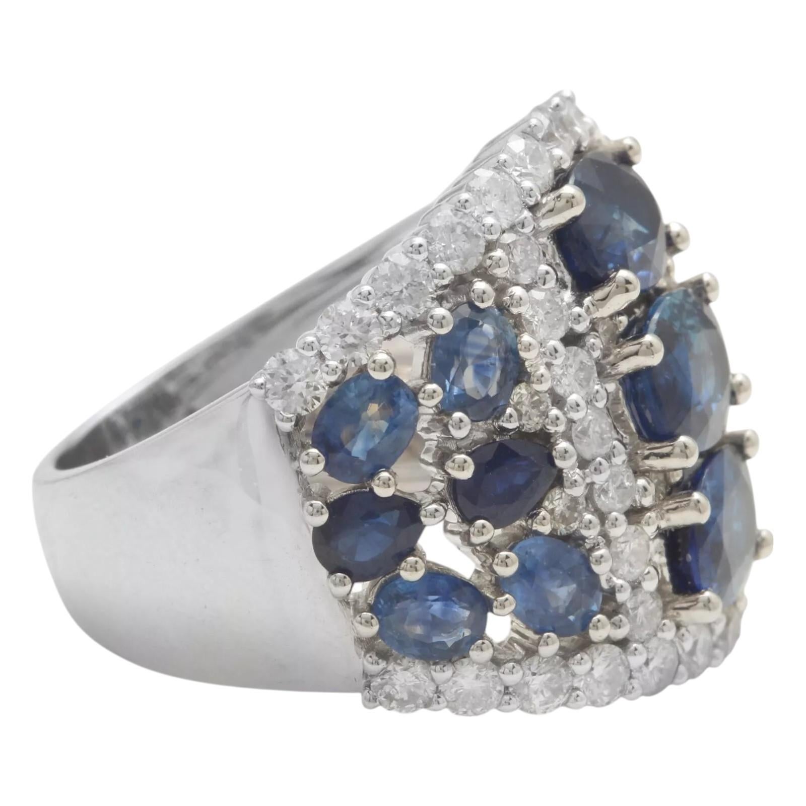 Mixed Cut ESTATE 7.00Ct Natural Blue Sapphire and Diamond 18K Solid White Gold Ring For Sale