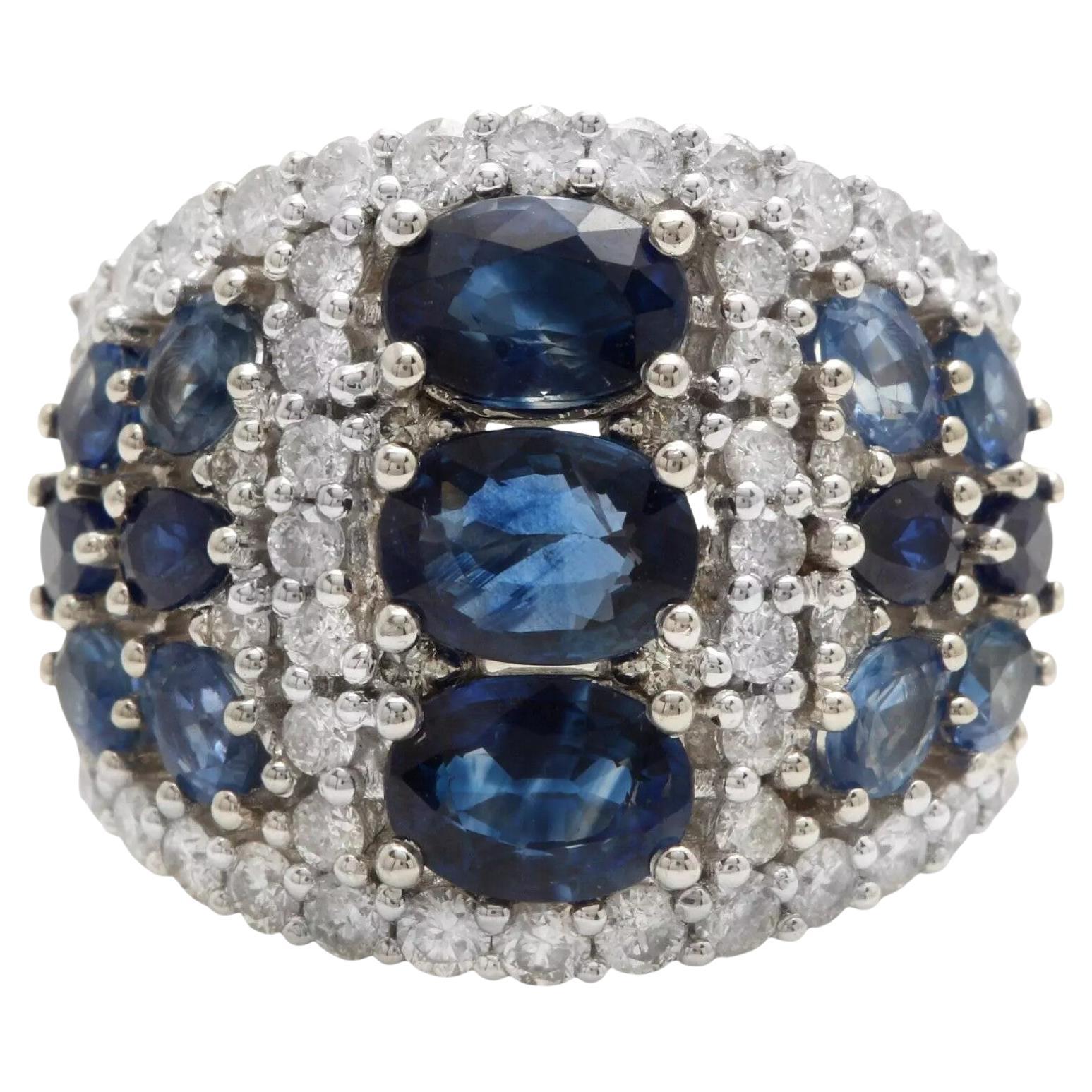 ESTATE 7.00Ct Natural Blue Sapphire and Diamond 18K Solid White Gold Ring