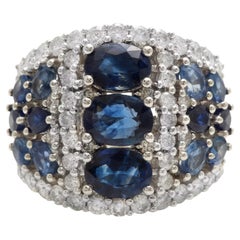 ESTATE 7.00Ct Zafiro Azul Natural y Diamante Anillo de Oro Blanco Macizo de 18K