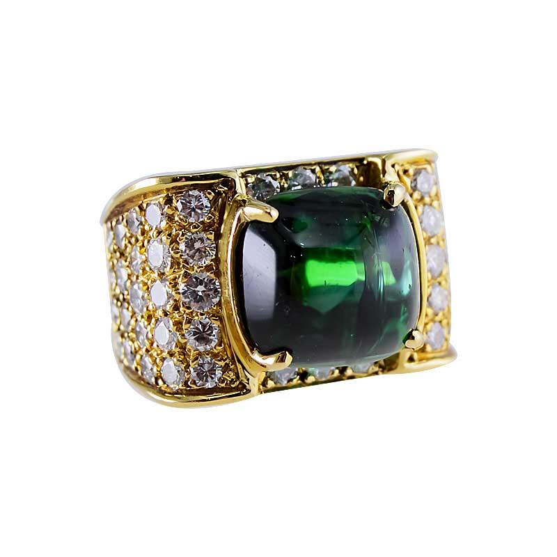 Estate 7.50 Carat Green Tourmaline Cabochon and Pave' Diamond Ring in 18K YG For Sale 9