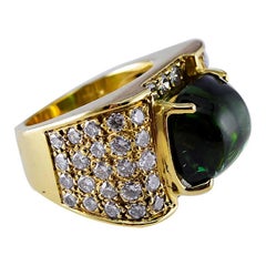 Estate 7.50 Carat Green Tourmaline Cabochon and Pave' Diamond Ring in 18K YG