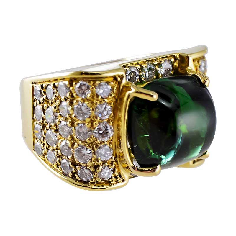 Modern Estate 7.50 Carat Green Tourmaline Cabochon and Pave' Diamond Ring in 18K YG For Sale