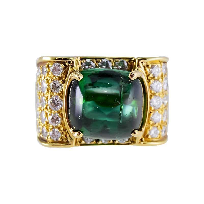 Women's Estate 7.50 Carat Green Tourmaline Cabochon and Pave' Diamond Ring in 18K YG For Sale