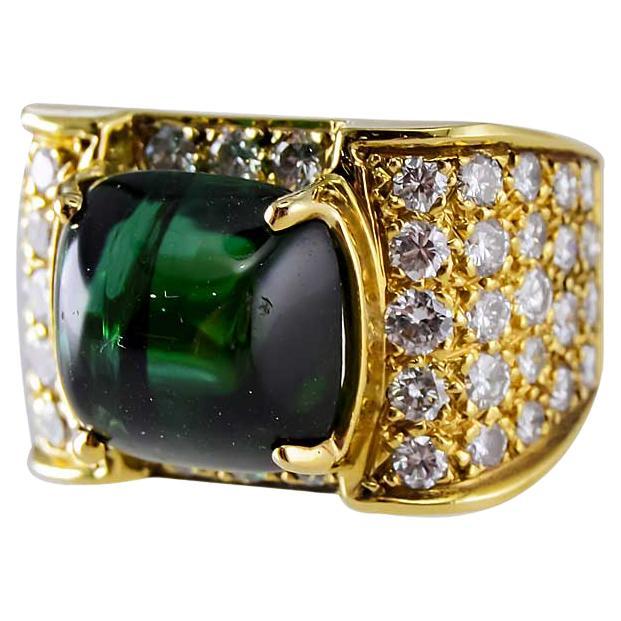 Estate 7.50 Carat Green Tourmaline Cabochon and Pave' Diamond Ring in 18K YG For Sale