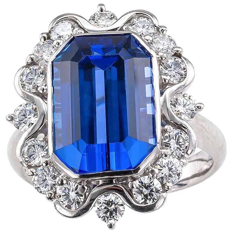 Estate 7.69 Carat Emerald Cut Tanzanite Diamond Platinum Ring