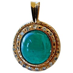 Estate Natural Colombian Cabochon Emerald Diamonds Pendant 