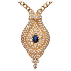 Estate 7.80cts Diamond Sapphire 18k Large Pendant Necklace