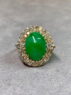 Estate 7.94ct Type A Jade Cabochon & 2.02ct Diamond 18K Gold Ring GIA