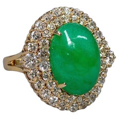 Estate 7.94ct Type A Jade Cabochon & 2.02ct Diamond 18K Gold Ring GIA