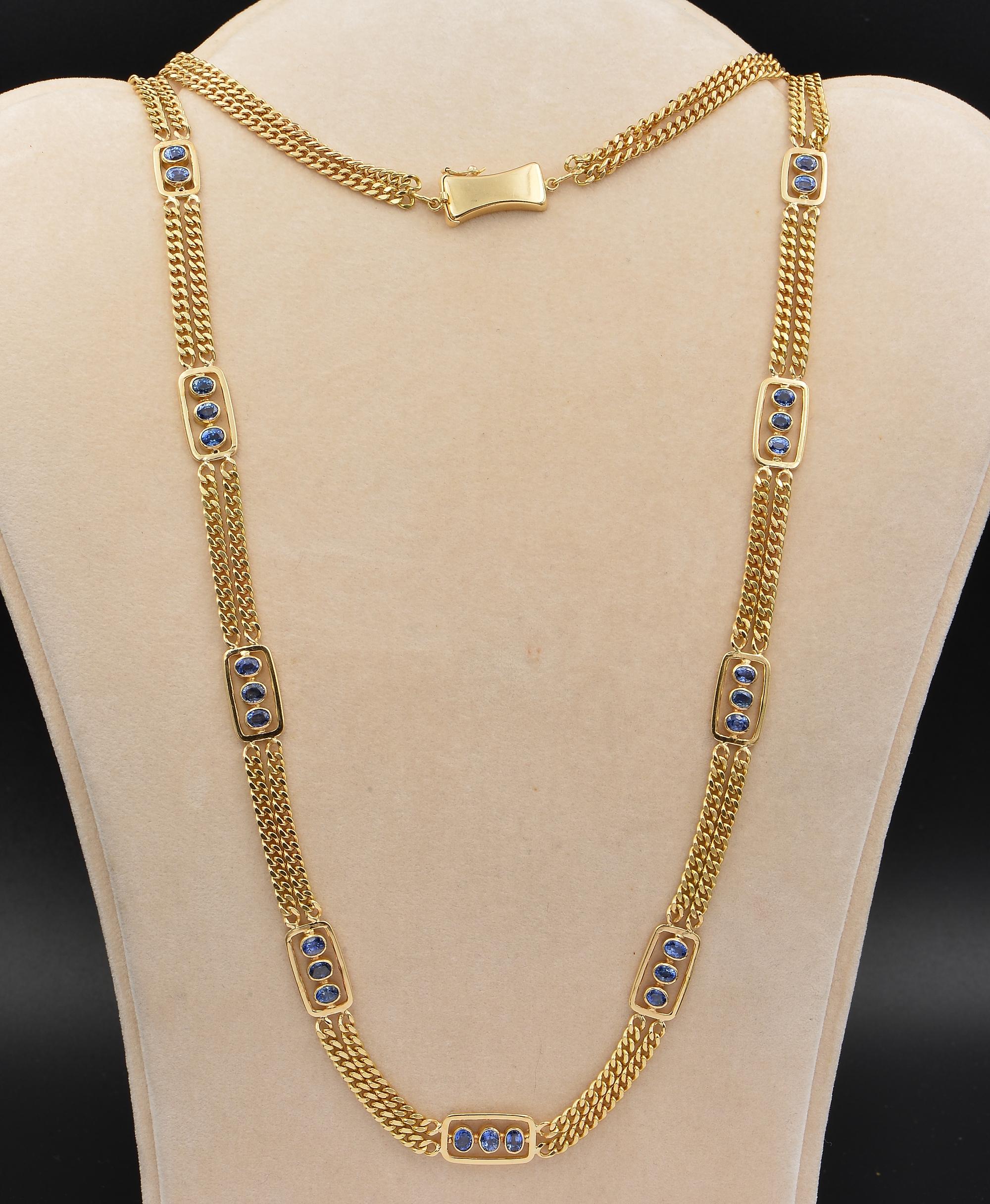Timeless 70’s
This dynamic, sophisticate, timeless,easy wear necklace is out of 70’s
Very unique style made of double curb link long chain, interspaced by elongated rectangular sections, displaying a trio of natural Sapphires, bright cornflower