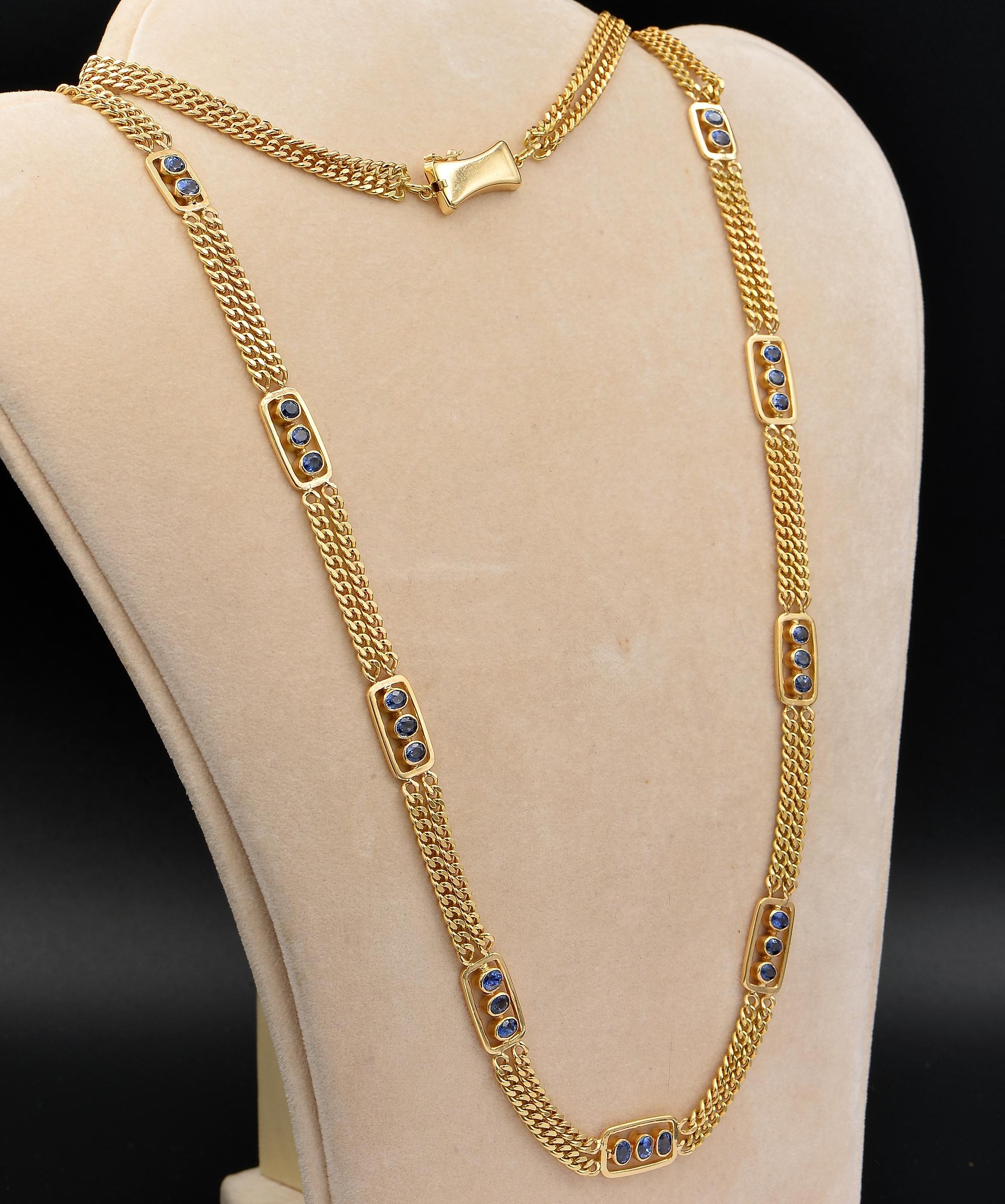 Contemporary Estate 8.0 Ct Natural Sapphire Double Curb heavy 18 KT Necklace